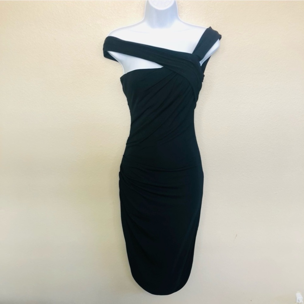 Halston Heritage Black Asymmetrical Crossover Shoulder Draped Fitted Dress Sz XS
